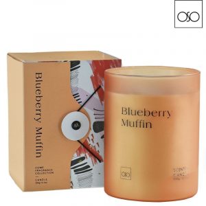 Candela in vetro Akemi blueberry muffin 350 gr vetro rosa pesca 8,60 cmxh11,30cm