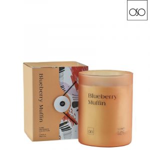 Candela in vetro Akemi blueberry muffin 170 gr vetro rosa pesca 7,10xh8,70